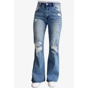 Almost Famous retroY2K Distressed Flare Jeans Womens Size 7 Blue Denim High Rise